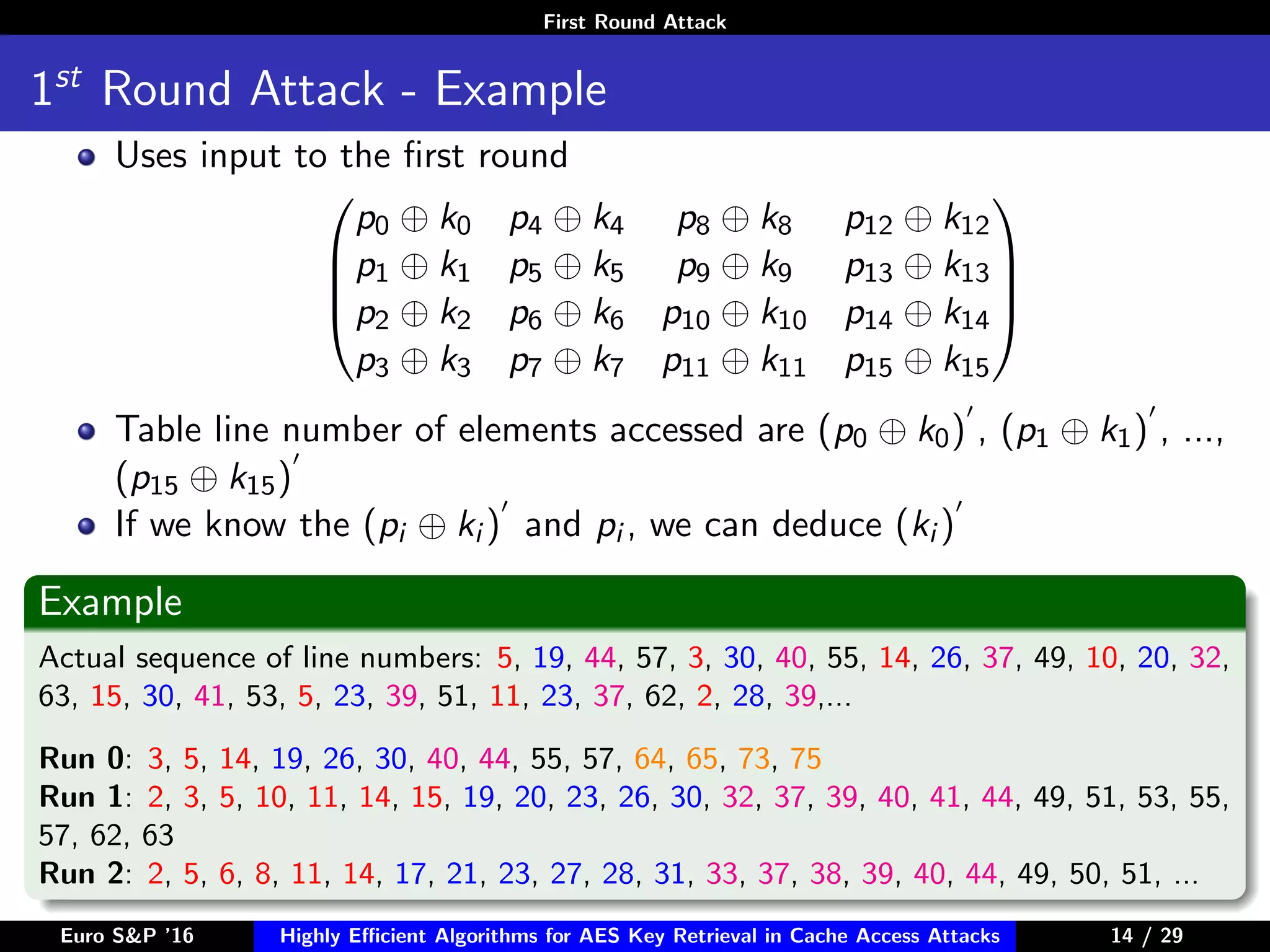 First Round Attack
1st
Round Attack - Example
Uses input to the ﬁrst round




p0 ⊕ k0 p4 ⊕ k4 p8 ⊕ k8 p12 ⊕ k12
p1 ⊕ k1 p5 ⊕ k5 p9 ⊕ k9 p13 ⊕ k13
p2 ⊕ k2 p6 ⊕ k6 p10 ⊕ k10 p14 ⊕ k14
p3 ⊕ k3 p7 ⊕ k7 p11 ⊕ k11 p15 ⊕ k15




Table line number of elements accessed are (p0 ⊕ k0) , (p1 ⊕ k1) , ...,
(p15 ⊕ k15)
If we know the (pi ⊕ ki ) and pi , we can deduce (ki )
Example
Actual sequence of line numbers: 5, 19, 44, 57, 3, 30, 40, 55, 14, 26, 37, 49, 10, 20, 32,
63, 15, 30, 41, 53, 5, 23, 39, 51, 11, 23, 37, 62, 2, 28, 39,...
Run 0: 3, 5, 14, 19, 26, 30, 40, 44, 55, 57, 64, 65, 73, 75
Run 1: 2, 3, 5, 10, 11, 14, 15, 19, 20, 23, 26, 30, 32, 37, 39, 40, 41, 44, 49, 51, 53, 55,
57, 62, 63
Run 2: 2, 5, 6, 8, 11, 14, 17, 21, 23, 27, 28, 31, 33, 37, 38, 39, 40, 44, 49, 50, 51, ...
Euro S&P ’16 Highly Eﬃcient Algorithms for AES Key Retrieval in Cache Access Attacks 14/2914 / 29
 