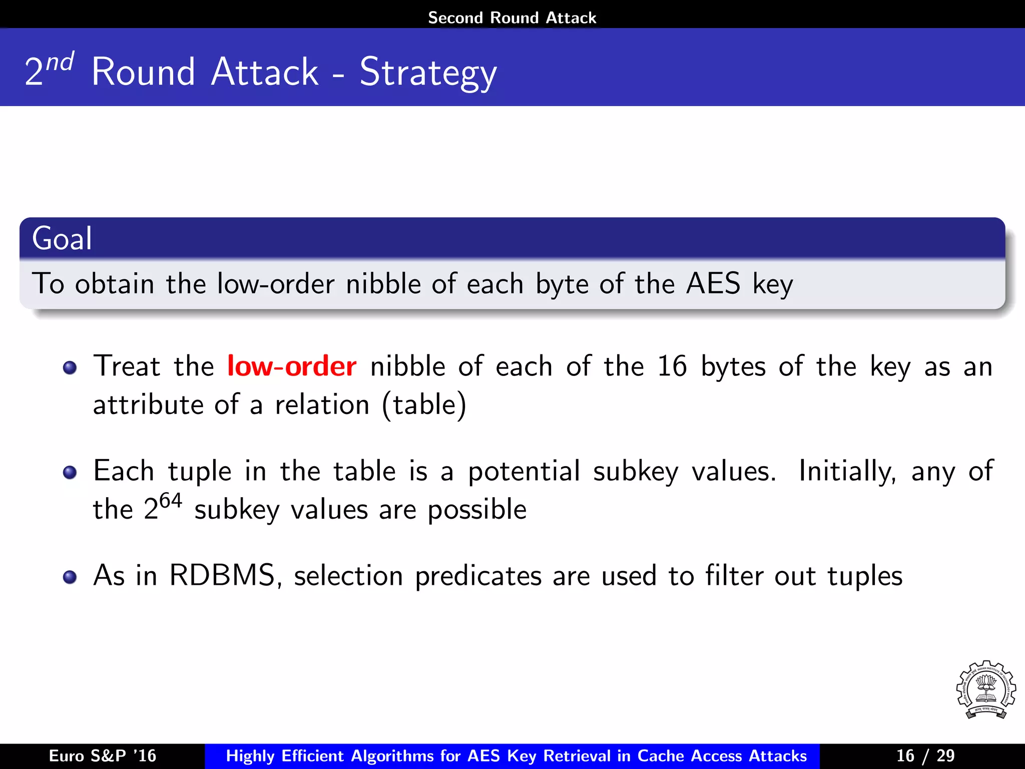 Second Round Attack
2nd
Round Attack - Strategy
Goal
To obtain the low-order nibble of each byte of the AES key
Treat the low-order nibble of each of the 16 bytes of the key as an
attribute of a relation (table)
Each tuple in the table is a potential subkey values. Initially, any of
the 264 subkey values are possible
As in RDBMS, selection predicates are used to ﬁlter out tuples
Euro S&P ’16 Highly Eﬃcient Algorithms for AES Key Retrieval in Cache Access Attacks 16/2916 / 29
 