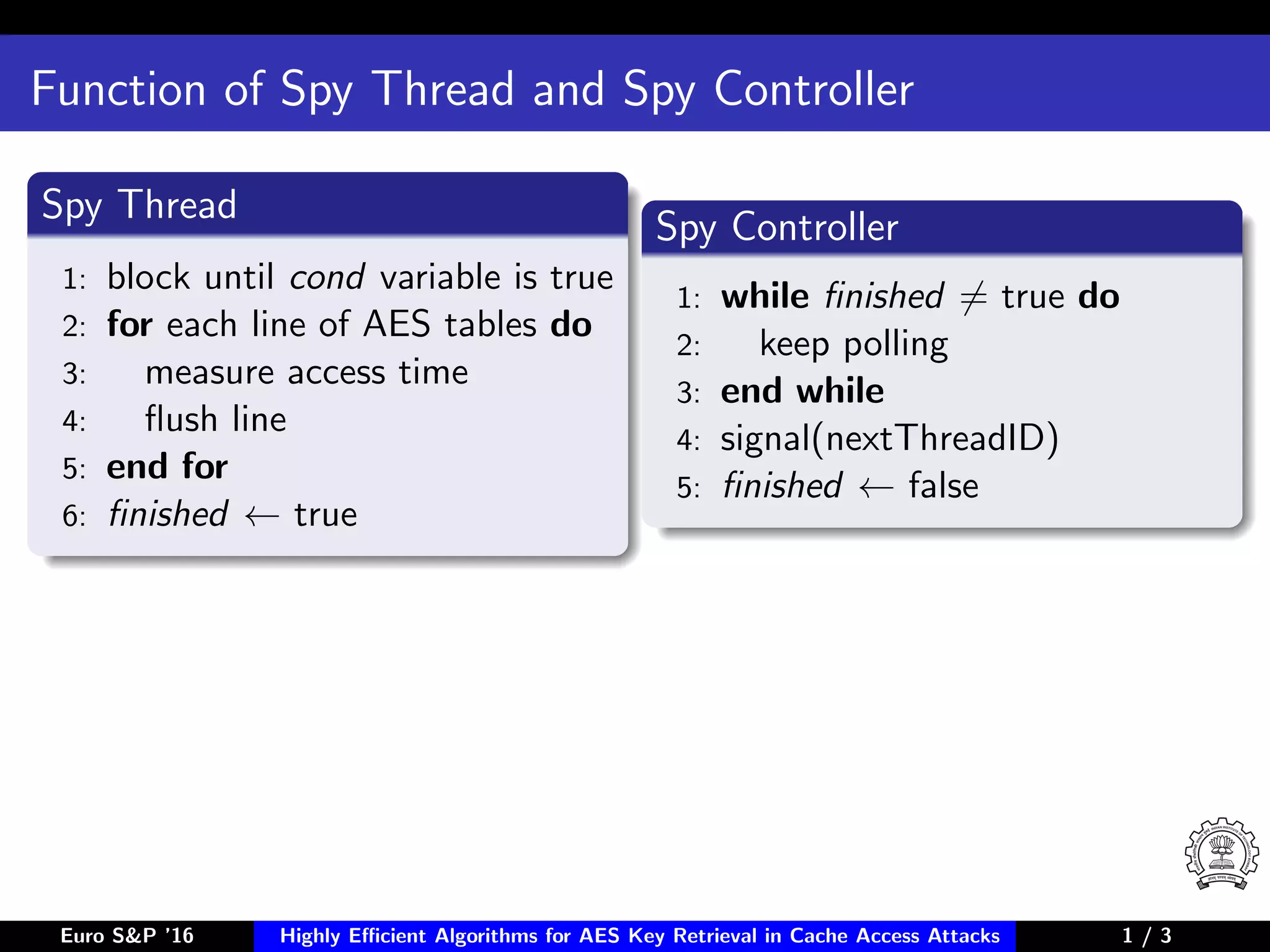Function of Spy Thread and Spy Controller
Spy Thread
1: block until cond variable is true
2: for each line of AES tables do
3: measure access time
4: ﬂush line
5: end for
6: ﬁnished ← true
Spy Controller
1: while ﬁnished = true do
2: keep polling
3: end while
4: signal(nextThreadID)
5: ﬁnished ← false
Euro S&P ’16 Highly Eﬃcient Algorithms for AES Key Retrieval in Cache Access Attacks 1/3 1 / 3
 