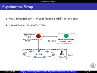 First Round Attack
Experimental Setup
Multi-threaded spy + Victim (running AES) on one core
Spy controller on another core
Euro S&P ’16 Highly Eﬃcient Algorithms for AES Key Retrieval in Cache Access Attacks 11/2911 / 29
 