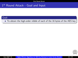 First Round Attack
1st
Round Attack - Goal and Input
Goal:
To obtain the high-order nibble of each of the 16 bytes of the AES key
Euro S&P ’16 Highly Eﬃcient Algorithms for AES Key Retrieval in Cache Access Attacks 13/2913 / 29
 