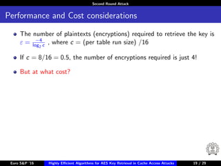 Second Round Attack
Performance and Cost considerations
The number of plaintexts (encryptions) required to retrieve the key is
ε = −4
log2 c , where c = (per table run size) /16
If c = 8/16 = 0.5, the number of encryptions required is just 4!
But at what cost?
Euro S&P ’16 Highly Eﬃcient Algorithms for AES Key Retrieval in Cache Access Attacks 19/2919 / 29
 