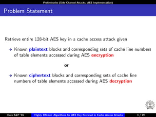 Preliminaries (Side Channel Attacks, AES Implementation)
Problem Statement
Retrieve entire 128-bit AES key in a cache access attack given
Known plaintext blocks and corresponding sets of cache line numbers
of table elements accessed during AES encryption
or
Known ciphertext blocks and corresponding sets of cache line
numbers of table elements accessed during AES decryption
Euro S&P ’16 Highly Eﬃcient Algorithms for AES Key Retrieval in Cache Access Attacks 3/29 3 / 29
 