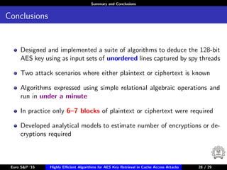 Summary and Conclusions
Conclusions
Designed and implemented a suite of algorithms to deduce the 128-bit
AES key using as input sets of unordered lines captured by spy threads
Two attack scenarios where either plaintext or ciphertext is known
Algorithms expressed using simple relational algebraic operations and
run in under a minute
In practice only 6–7 blocks of plaintext or ciphertext were required
Developed analytical models to estimate number of encryptions or de-
cryptions required
Euro S&P ’16 Highly Eﬃcient Algorithms for AES Key Retrieval in Cache Access Attacks 28/2928 / 29
 