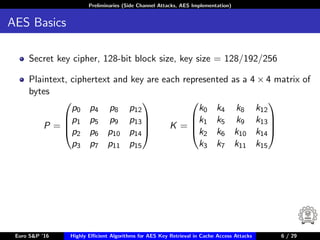 Preliminaries (Side Channel Attacks, AES Implementation)
AES Basics
Secret key cipher, 128-bit block size, key size = 128/192/256
Plaintext, ciphertext and key are each represented as a 4 × 4 matrix of
bytes
P =




p0 p4 p8 p12
p1 p5 p9 p13
p2 p6 p10 p14
p3 p7 p11 p15



 K =




k0 k4 k8 k12
k1 k5 k9 k13
k2 k6 k10 k14
k3 k7 k11 k15




Euro S&P ’16 Highly Eﬃcient Algorithms for AES Key Retrieval in Cache Access Attacks 6/29 6 / 29
 