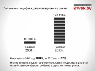 Валютная специфика, девальвационные риски
Инфляция за 2011 год 108%, за 2012 год — 22%.
Низкое доверие к рублю, широкое использование доллара в расчетах
и хозяйственном обороте, особенно в серых сегментах рынка.
1$=1 033 р.
1$=9 110 р.
1 октября
2000 г.
1 октября
2013 г.
 