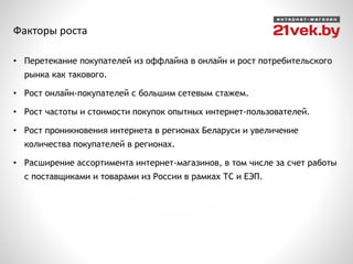 • Перетекание покупателей из оффлайна в онлайн и рост потребительского
рынка как такового.
• Рост онлайн-покупателей с большим сетевым стажем.
• Рост частоты и стоимости покупок опытных интернет-пользователей.
• Рост проникновения интернета в регионах Беларуси и увеличение
количества покупателей в регионах.
• Расширение ассортимента интернет-магазинов, в том числе за счет работы
с поставщиками и товарами из России в рамках ТС и ЕЭП.
Факторы роста
 