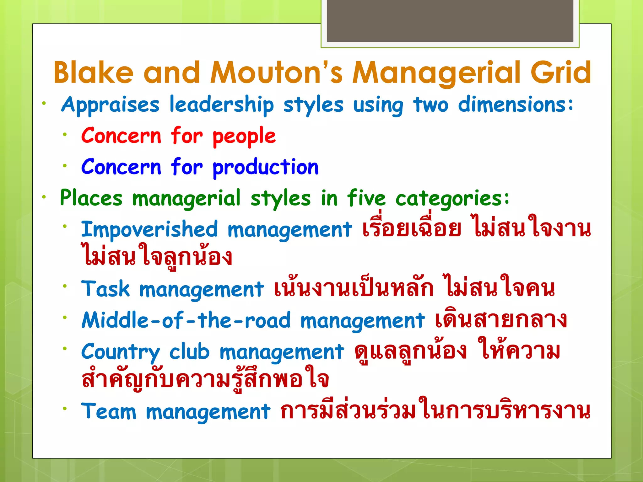 Blake and Mouton’s Managerial Grid 
• Appraises leadership styles using two dimensions: 
• Concern for people 
• Concern for production 
• Places managerial styles in five categories: 
• Impoverished management เรื่อยเฉื่อย ไม่สนใจงาน 
ไม่สนใจลูกน้อง 
• Task management เน้นงานเป็นหลัก ไม่สนใจคน 
• Middle-of-the-road management เดินสายกลาง 
• Country club management ดูแลลูกน้อง ให้ความ 
สำคัญกับความรู้สึกพอใจ 
• Team management การมีส่วนร่วมในการบริหารงาน 
 