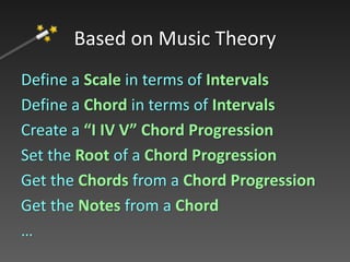 Define a Scale in terms of Intervals
Define a Chord in terms of Intervals
Create a “I IV V” Chord Progression
Set the Root of a Chord Progression
Get the Chords from a Chord Progression
Get the Notes from a Chord
…
Based on Music Theory
 