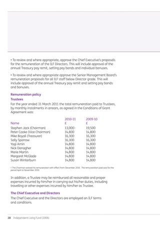 28  Independent Living Fund (2006)
• To review and where appropriate, approve the Chief Executive’s proposals
for the remuneration of the ILF Directors. This will include approval of the
annual Treasury pay remit, setting pay bands and individual bonuses.
• To review and where appropriate approve the Senior Management Board’s
remuneration proposals for all ILF staff below Director grade. This will
include approval of the annual Treasury pay remit and setting pay bands
and bonuses.
Remuneration policy
Trustees
For the year ended 31 March 2011 the total remuneration paid to Trustees,
by monthly instalments in arrears, as agreed in the Conditions of Grant
Agreement was:
	 2010-11	 2009-10
Name	 £	 £
Stephen Jack (Chairman)	 13,000 1
	 19,500
Peter Cooke (Vice Chairman)	 14,800	 14,800
Mike Boyall (Treasurer)	 16,300	 16,300
Sally Sparrow	 16,300	 16,300
Yogi Amin 	 14,800	 14,800
Nick Danagher	 14,800	 14,800
Marie Martin	 14,800	 14,800
Margaret McGlade	 14,800	 14,800
Susan Winterburn	 14,800	 14,800
1 The Chairman waived his remuneration with effect from December 2010. The remuneration paid was for the
period April to November 2010.
In addition, a Trustee may be reimbursed all reasonable and proper
expenses incurred by him/her in carrying out his/her duties, including
travelling or other expenses incurred by him/her as Trustee.
The Chief Executive and Directors
The Chief Executive and the Directors are employed on ILF terms
and conditions.
Annual-Report-2010-11.indd 28 12/07/2011 14:13
 