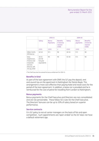 Annual Report and Accounts 2010-11  31
Remuneration Report for the
year ended 31 March 2011
Gillian Smith,
HR Director
40-45 0-5 Nil 40-45 0-5 Nil
Gary
Stephenson,
Finance and
Corporate
Services
Director, left
18 July 2010
10-15
(45-50
full year
equivalent)
Nil Nil 45-50 0-5 Nil
2 The Chief Executive has waived his bonus entitlement for 2010-11.
Benefits in kind
As part of the loan agreement with DWP, the ILF pay the deposit, rent
and council tax on the apartment in Nottingham for Patrick Boyle. This
arrangement is more cost effective than paying hotel and travel costs for the
period of the loan agreement. In addition, a lease car is provided and he is
reimbursed for the cost of petrol for travelling from London to Nottingham.
Bonus payments
Bonus payments for the Chief Executive and Directors are non-consolidated
and are not pensionable. These follow SCS rules for the Chief Executive.
The Directors’ bonuses can be up to 10% of salary based on superior
performance.
Service contracts
It is ILF policy to recruit senior managers on the basis of fair and open
competition. Such appointments are ‘open-ended’ as the ILF does not have
a default retirement age.
2010-11 2009-10
Salary Bonus
Payments
Benefits
in kind (to
nearest
£100)
Salary Bonus
payments
Benefits
in kind (to
nearest
£100)
£000 £000 £ £000 £000 £
Annual-Report-2010-11.indd 31 12/07/2011 14:13
 
