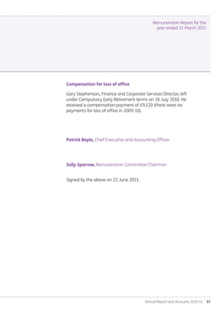 Annual Report and Accounts 2010-11  37
Compensation for loss of office
Gary Stephenson, Finance and Corporate Services Director, left
under Compulsory Early Retirement terms on 18 July 2010. He
received a compensation payment of £9,120 (there were no
payments for loss of office in 2009-10).
Patrick Boyle, Chief Executive and Accounting Officer
Sally Sparrow, Remuneration Committee Chairman
Signed by the above on 23 June 2011.
Remuneration Report for the
year ended 31 March 2011
Annual-Report-2010-11.indd 37 12/07/2011 14:13
 