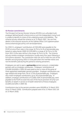 62  Independent Living Fund (2006)
4b	Pension commitments
The Principal Civil Service Pension Scheme (PCSPS) is an unfunded multi-
employer defined benefit scheme and as such the Independent Living Fund
is unable to identify its share of the underlying assets and liabilities. The
scheme actuary valued the scheme as at 31 March 2007. You can find
details in the resource accounts of the Cabinet Office: Civil Superannuation
(www.civilservice.gov.uk/my-civil-service/pensions).
For 2010-11, employers’ contributions of £581,000 were payable to the
PCSPS at one of four rates in the range 16.7% to 24.3% of pensionable pay,
based on salary bands (2009-10 £591,000 in a range of 16.7% to 24.3%)
From 2011-12,the rates will be in the range 16.7% to 24.3%. The Scheme
Actuary reviews employer contributions usually every four years following a
full scheme valuation. The contribution rates are set to meet the cost of the
benefits accruing during 2010-11 to be paid when the member retires and
not the benefits paid during this period to existing pensioners.
Employees can opt to open a partnership pension account, a stakeholder
pension with an employer contribution. Employers’ contributions of
£35,000 (£40,000 in 2009-10) were paid to one or more of the panel of
three appointed stakeholder pension providers. Employer contributions are
age-related and range from 3% to 12.5% of pensionable pay. Employers
also match employee contributions up to 3% of pensionable pay. In
addition, employer contributions of £3,000, 0.8% of pensionable pay, were
payable to the PCSPS to cover the cost of the future provision of lump sum
benefits on death in service or ill health retirement of these employees
(£3,000 and 0.8% in 2009-10).
Contributions due to the pension providers were £60,000 at 31 March 2011
(nil at 31 March 2010). Contributions prepaid were nil at 31 March 2011 (nil
at 31 March 2010).
Annual-Report-2010-11.indd 62 12/07/2011 14:13
 