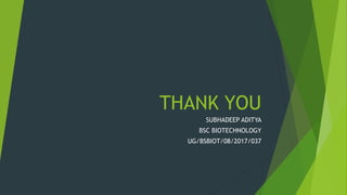 THANK YOU
SUBHADEEP ADITYA
BSC BIOTECHNOLOGY
UG/BSBIOT/08/2017/037
 