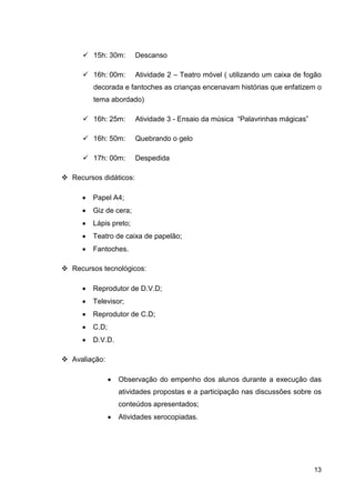 15h: 30m:       Descanso

       16h: 00m:       Atividade 2 – Teatro móvel ( utilizando um caixa de fogão
       decorada e fantoches as crianças encenavam histórias que enfatizem o
       tema abordado)

       16h: 25m:       Atividade 3 - Ensaio da música “Palavrinhas mágicas”

       16h: 50m:       Quebrando o gelo

       17h: 00m:       Despedida

Recursos didáticos:

   •   Papel A4;
   •   Giz de cera;
   •   Lápis preto;
   •   Teatro de caixa de papelão;
   •   Fantoches.

Recursos tecnológicos:

   •   Reprodutor de D.V.D;
   •   Televisor;
   •   Reprodutor de C.D;
   •   C.D;
   •   D.V.D.

Avaliação:

              •   Observação do empenho dos alunos durante a execução das
                  atividades propostas e a participação nas discussões sobre os
                  conteúdos apresentados;
              •   Atividades xerocopiadas.




                                                                              13
 