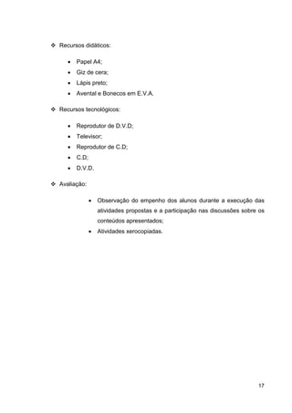 Recursos didáticos:

   •   Papel A4;
   •   Giz de cera;
   •   Lápis preto;
   •   Avental e Bonecos em E.V.A.

Recursos tecnológicos:

   •   Reprodutor de D.V.D;
   •   Televisor;
   •   Reprodutor de C.D;
   •   C.D;
   •   D.V.D.

Avaliação:

              •   Observação do empenho dos alunos durante a execução das
                  atividades propostas e a participação nas discussões sobre os
                  conteúdos apresentados;
              •   Atividades xerocopiadas.




                                                                            17
 