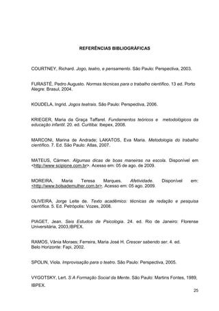 REFERÊNCIAS BIBLIOGRÁFICAS



COURTNEY, Richard. Jogo, teatro, e pensamento. São Paulo: Perspectiva, 2003.


FURASTÉ, Pedro Augusto. Normas técnicas para o trabalho científico. 13 ed. Porto
Alegre: Brasul, 2004.


KOUDELA, Ingrid. Jogos teatrais. São Paulo: Perspectiva, 2006.


KRIEGER, Maria da Graça Taffarel. Fundamentos teóricos e         metodológicos da
educação infantil. 20. ed. Curitiba: Ibepex, 2008.


MARCONI, Marina de Andrade; LAKATOS, Eva Maria. Metodologia do trabalho
científico. 7. Ed. São Paulo: Atlas, 2007.


MATEUS, Cármen. Algumas dicas de boas maneiras na escola. Disponível em
<http://www scipione.com.br>. Acesso em: 05 de ago. de 2009.


MOREIRA,       Maria   Teresa     Marques.     Afetividade.      Disponível   em:
<http://www.bolsademulher.com.br>. Acesso em: 05 ago. 2009.


OLIVEIRA, Jorge Leite de. Texto acadêmico: técnicas de redação e pesquisa
científica. 5. Ed. Petrópolis: Vozes, 2008.


PIAGET, Jean. Seis Estudos de Psicologia. 24. ed. Rio de Janeiro: Florense
Universitária, 2003,IBPEX.


RAMOS, Vânia Moraes; Ferreira, Maria José H. Crescer sabendo ser. 4. ed.
Belo Horizonte: Fapi, 2002.


SPOLIN, Viola. Improvisação para o teatro. São Paulo: Perspectiva, 2005.


VYGOTSKY, Lert. S A Formação Social da Mente. São Paulo: Martins Fontes, 1989,
IBPEX.
                                                                               25
 