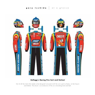Out of all the items that needs to be designed consistent with the car’s paint scheme, its the firesuit
and helmet. The driver is an extension of the car’s branding look and feel.
g a r y t s c h i d a a t a g l a n c e
Kellogg’s Racing Fire Suit and Helmet
 