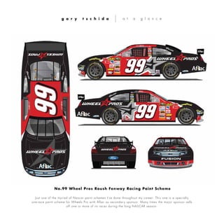 Just one of the myriad of Nascar paint schemes I've done throughout my career. This one is a specialty
one-race paint scheme for Wheels Pro with Aflac as secondary sponsor. Many times the major sponsor sells
off one or more of its races during the long NASCAR season.
g a r y t s c h i d a a t a g l a n c e
No.99 Wheel Pros Roush Fenway Racing Paint Scheme
 