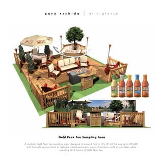 A modular Gold Peak Tea sampling area, designed to expand from a 10’x10’ all the way up to 40‘x40’
with lockable sections built to replicate a backyard patio scene. Customers could sit and relax while
sampling all 5 flavors of Gold Peak Tea.
g a r y t s c h i d a a t a g l a n c e
Gold Peak Tea Sampling Area
 