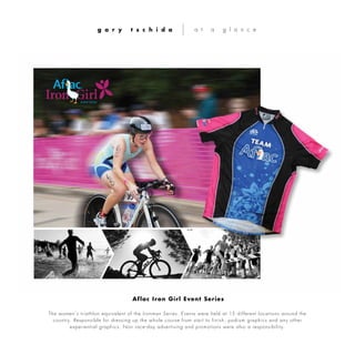 The women’s triathlon equivalent of the Ironman Series. Events were held at 15 different locations around the
country. Responsible for dressing up the whole course from start to finish, podium graphics and any other
experiential graphics. Non race-day advertising and promotions were also a responsibility.
g a r y t s c h i d a a t a g l a n c e
Aflac Iron Girl Event Series
 
