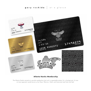 The Atlanta Hawks wanted an upscale membership look with a repeatable pattern for a background. A tone
on tone approach would serve as the Onyx, Platinum, Gold, and Associate level look and feel.
g a r y t s c h i d a a t a g l a n c e
Atlanta Hawks Membership
 