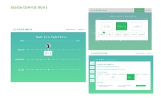 DESIGN COMPOSITION 3
PSY 210
09/22 10/31
Lecture
Assignment
Quiz
C L A S S R O O M P R O F I L E
M A D I S O N C A M P B E L L
N A V I G A T I O N
DSGN 397
ID 460
P S Y 2 1 0
I R A H Y M A N
D S G N 3 9 7
B R I T T A N Y S C H A D E
I D 4 6 0
J A S O N M O R R I S
I N B O X T I M E R V I R T U A L
C L A S S
A S S I G N
M E N T S
D O C S G R A D E S
3
C L A S S R O O M P R O F I L EN A V I G A T I O N
I D 4 6 0 | J A S O N M O R R I S
A N N O U N C E M E N T S
T H I S W E E K
T O D O
S U N D A Y M O N D A Y T U E S D A Y W E D N E S D A Y T H U R S D A Y F R I D A Y S A T U R D A Y
Visual +
Interaction
Design
U s e r
Interface
Lecture
Finish visual + interaction
design concepts
Contact group members
about project
Hometowns for UX project press release
Interactions article to read outside of class
Design, Wireframe and Prototype Tools for UX Teams
V I R T U A L
C L A S S
A S S I G N
M E N T S
D O C S
G R A D E S
Add To Do
F L A S H
C A R D S
PSY 210
09/22 10/31
Lecture
Assignment
Quiz
C L A S S R O O M P R O F I L E
M A D I S O N C A M P B E L L
N A V I G AT I O N
DSGN 397
ID 460
 