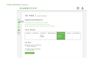 FINAL DESIGN | Course
A N N O U N C E M E N T S
T H I S W E E K
T O D O
S U N D AY M O N D AY T U E S D AY W E D N E S D AY T H U R S D AY F R I D AY S AT U R D AY
Visual +
Interaction
Design
U s e r
Interface
Lecture
Finish visual + interaction
design concepts
Contact group members
about project
Hometowns for UX project press release
Interactions article to read outside of class
Design, Wireframe and Prototype Tools for UX Teams
C L A S S R O O M
A
I D 4 6 0 | J A S O N M O R R I S
Add To Do
T I M E R
+
 