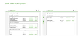 FINAL DESIGN | Assignments
C L A S S R O O M
I D 4 6 0 | J A S O N M O R R I S
G r a d e s
Meeting Notes Due 10/2 49 / 50
Research Presentation Due 10/16 49 / 50
Initial Concepts Due 10/28 49 / 50
Concept Presentation Due 11/4 49 / 50
I D 4 6 0 | J A S O N M O R R I S
P s y 2 1 0 | To d d H a s k e l l
C S C I 1 0 2 | R i c h a r d V a r g a s
A s s i g n m e n t s
Meeting Notes
Research Presentation
Initial Concepts
Concept Presentation
Lab 1
Lab 2
Lab 3
Lab 4
Lab Introduction
Areas of the Brain
The Gestalt Principles
Areas of the Eye
Instructions Submit
Instructions Submit
Instructions Submit
Instructions Submit
Instructions Submit
Instructions Submit
Instructions Submit
Instructions Submit
Instructions Submit
Instructions Submit
Instructions Submit
Instructions Submit
Due 10/1
Due 10/1
Due 10/1
Due 10/1
Due 10/1
Due 10/1
Due 10/1
Due 10/1
Due 10/1
Due 10/1
Due 10/1
Due 10/1
C L A S S R O O M
A
I D 4 6 0 | J A S O N M O R R I S
A s s i g n m e n t s
Meeting Notes
Research Presentation
Initial Concepts
Concept Presentation
Instructions Submit
Instructions Submit
Instructions Submit
Instructions Submit
Due 10/2
Due 10/16
Due 10/28
Due 11/4
 