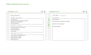 FINAL DESIGN | Documents
C L A S S R O O M
I D 4 6 0 | J A S O N M O R R I S
G r a d e s
Meeting Notes Due 10/2 49 / 50
Research Presentation Due 10/16 49 / 50
Initial Concepts Due 10/28 49 / 50
Concept Presentation Due 11/4 49 / 50
I D 4 6 0 | J A S O N M O R R I S
P s y 2 1 0 | To d d H a s k e l l
C S C I 1 0 2 | R i c h a r d V a r g a s
D o c u m e n t s
UX Introduction
The Disciplines of User Experience Design
Elements of User Experience
Prelimary Research
Introduction to Computer Science
Basic Elements of HTML5
Basic Elements of CSS3
Web Design Guid
Cognitive Psychology Introduction
Areas of the Brain
The Gestalt Principles
How we See
C L A S S R O O M
A
I D 4 6 0 | J A S O N M O R R I S
D o c u m e n t s
UX Introduction
The Disciplines of User Experience Design
Elements of User Experience
Prelimary Research
 