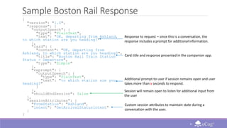 Sample Boston Rail Response
{
"version": "1.0",
"response": {
"outputSpeech": {
"type": "PlainText",
"text": "OK, departin...