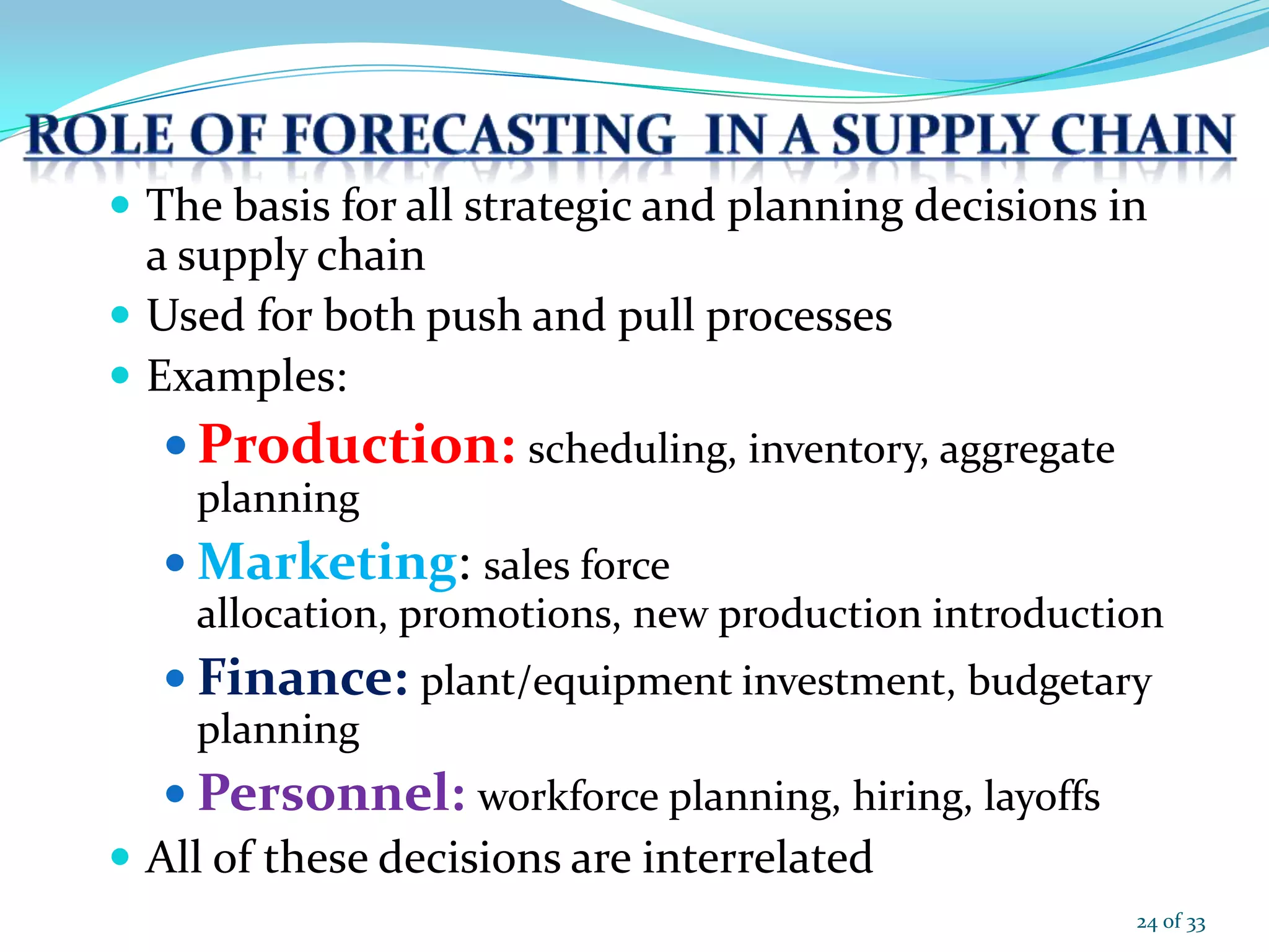  The basis for all strategic and planning decisions in
a supply chain
 Used for both push and pull processes
 Examples:
 Production: scheduling, inventory, aggregate
planning
 Marketing: sales force
allocation, promotions, new production introduction
 Finance: plant/equipment investment, budgetary
planning
 Personnel: workforce planning, hiring, layoffs
 All of these decisions are interrelated
24 of 33
 