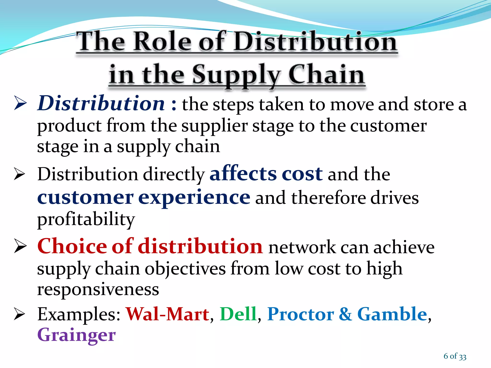  Distribution : the steps taken to move and store a
product from the supplier stage to the customer
stage in a supply chain
 Distribution directly affects cost and the
customer experience and therefore drives
profitability
 Choice of distribution network can achieve
supply chain objectives from low cost to high
responsiveness
 Examples: Wal-Mart, Dell, Proctor & Gamble,
Grainger
6 of 33
 