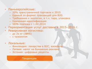 Тенденции
• Панъевропейские:
– 20% трансграничной торговли к 2015
– Единый эл.формат транзакций для B2G
– Требования к экологии, в т.ч. тара, упаковка
– Удаленная идентификация
– SEPA платежи с 1.02.2014
• Переориентация услуг доставки к 2015-2016 г.
• Реверсивная логистика:
– до 2х кг (IBRS)
– с трэкингом
• Локальные:
– Финляндия: лекарства в B2C, взовраты
– Латвия: налог на бумажную рекламу
– Эстония: цифровые рецепты
 