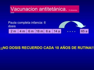 Vacunacion antitetánica.  15 diciembre 2009 Pauta completa infancia: 6 dosis 2 m 4 m 18 m 6 m 14 a 65 a 6 a ¡¡NO DOSIS RECUERDO CADA 10 AÑOS DE RUTINA!! 