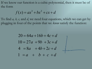 If we know our function is a cubic polynomial, then it must be of the form To find  a, b, c,  and  d , we need four equations, which we can get by plugging in four of the points that we  know  satisfy the function: 