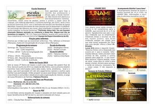 Acampamento Distrital ‘Louco Amor’
O Acampamento Distrital de Jovens e
Juvenis ocorrerá de 14 a 17/02, na
UNIMEP SBO. Informações e inscri-
ções no site www.loucoamor.com.br
Encontro com Deus
Versículo
Peça a Deus que abençoe os seus
planos, e eles darão certo.
Provérbios 16:3
Nova Tradução na Linguagem de Hoje
Escola Dominical
Está agendada para hoje a
reunião dos professores e
oficiais após a Escola Domini-
cal. Não haverá nem abertura e
nem encerramento e teremos,
novamente, classe única de adultos, jovens e juvenis e classe única de
crianças, com material alternativo. O próximo domingo, dia 25/01, será o início
da Escola Dominical 2015, com a retomada dos estudos nas Revistas da Igreja
Metodista. Estamos precisando de mais pessoas que se disponham a trabalhar.
Se você ainda não ofereceu seu nome, peça orientação e coragem ao Senhor e
venha trabalhar na Escola Dominical! "Partindo Jesus dali, viu um homem
chamado Mateus sentado na coletoria e disse-lhe: Segue-me! Ele se
levantou e o seguiu." Mt. 9:9. Faça como Mateus, levante-se e venha servir a
Deus trabalhando na Escola Dominical! Equipe da Superintendência da ED.
Oração pelos enfermos
Oremos por irmãos que se encontram enfermos: Tite, Jeferson e Emerson
(Marques), todos em recuperação de cirurgia e Alice (Marques).
Programaçãodasemana Escaladadiaconia
Domingo: 9h - Escola Dominical. 18/01 - Elisângela e Denis
19h - Culto vespertino. 25/01 - Miriam e Uryan
2ª feira: 19h30 – Culto na Congregação dos Escaladocultinho
Marques. 18/01 - Fabiana e Selma
3ª feira: 19h30 - Discipulado. 25/01 - Valéria e Ana Paula
5ª feira: 20h - Reunião de oração no templo.
Sábado: 19h30 - Culto da Juventude.
Retiro de Casais 2015
Vem aí nosso 3º Retiro de Casais e você e seu cônjuge não podem ficar de
fora. Será em junho de 2015 na cidade de São Pedro, e já no próximo boletim
traremos mais informações sobre data exata, tema, preletores, local e o
preço, que será parcelado em até seis pagamentos (janeiro a junho) para
facilitar sua participação. Então prepare-se para esse tempo maravilhoso de
crescimento e comunhão e desde já ore pela organização do mesmo, a cargo
de nosso Ministério de Familias. Fabiano Pereira
Encontro com Deus em Piracicaba
Datas: Mulheres: 20, 21 e 22/02.
Homens: 27, 28/02 e 01/03.
Valor: R$ 110,00.
Informações e inscrições: Pr. Julio (99838-9613) / pr. Rinaldo (99521-3131).
Bazar do PSF
A irmã Eliete solicita doações de roupas e calçados em bom estado para um
bazer beneficente do PSF do bairro, que será realizado em março.
Aniversariante da semana
19/01 - Cláudia Paes Tanaami.
JUNAME 2015
Com alegria nossa igreja enviará 13
juvenis e 02 conselheiros para a
JUNAME, que ocorrerá de 21 a 25 de
janeiro. Agradecemos aos pais e aos
(às) irmãos/ãs que se empenharam
investindo tempo e recursos na vida
dos nossos juvenis. Que os/as
irmãos/ãs estejam em oração para
que esse tempo preparado por Deus
seja uma bênção. Glória a Deus! Pr.
Rinaldo
Lucas Gris passa o seguinte recado:
"Estamos felizes com a disposição dos
juvenis em ir para a Juname. Infor-
mações básicas: todos precisam estar
prontos às 6hs, quando a carona
passará para pegá-los. O que levar?
Mala pequena, higiene pessoal, roupa
de cama, roupa para os cultos e para
passar o tempo, dinheiro para carregar
o cartão de consumo, travesseiro, RG
... essas coisas. E não esquecer a
Bíblia!!"
Semana de Estudos Bíblicos
Igreja
Metodista no
Matão
 