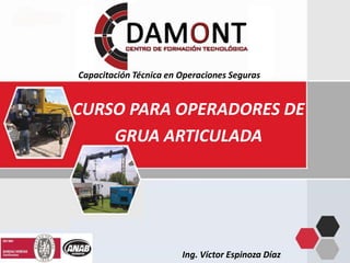 Capacitación Técnica en Operaciones Seguras
CURSO PARA OPERADORES DE
GRUA ARTICULADA
Ing. Víctor Espinoza Díaz
 