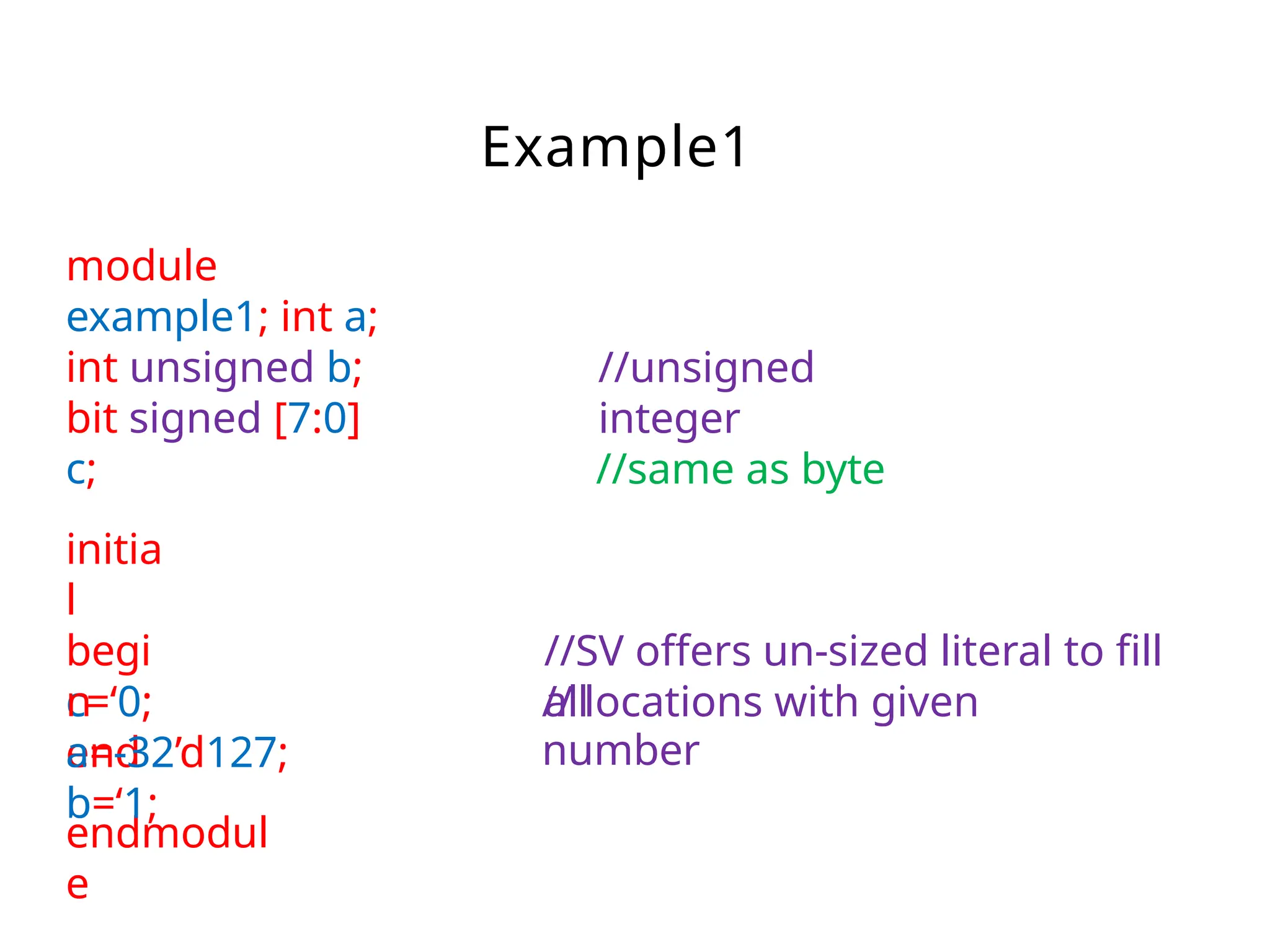 Example1
c=‘0;
end
endmodul
e
// locations with given
number
module
example1; int a;
int unsigned b;
bit signed [7:0]
c;
initia
l
begi
n
a=-32’d127;
b=‘1;
//unsigned
integer
//same as byte
//SV offers un-sized literal to fill
all
 