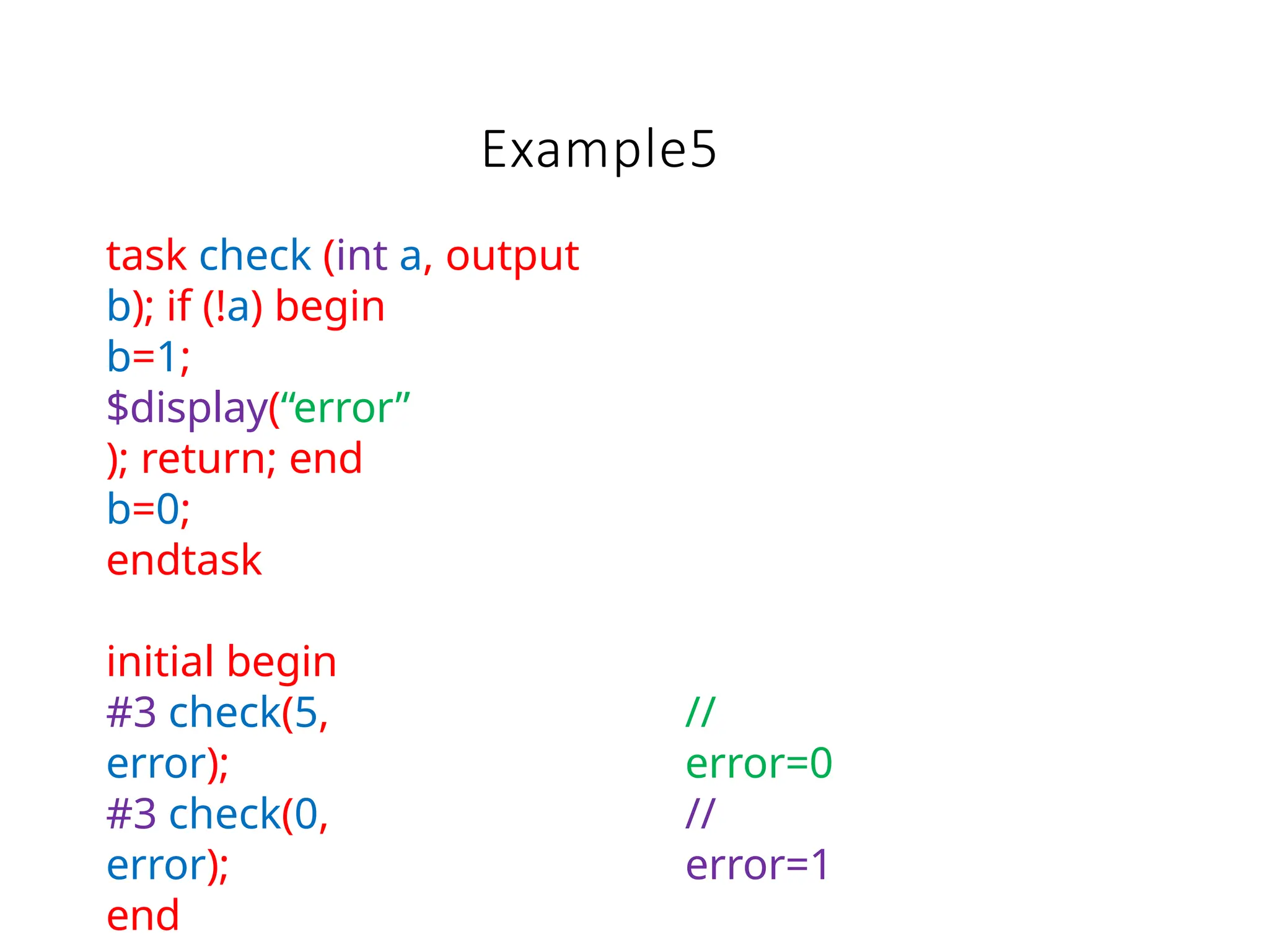 Example5
task check (int a, output
b); if (!a) begin
b=1;
$display(“error”
); return; end
b=0;
endtask
initial begin
#3 check(5,
error);
#3 check(0,
error);
end
//
error=0
//
error=1
 