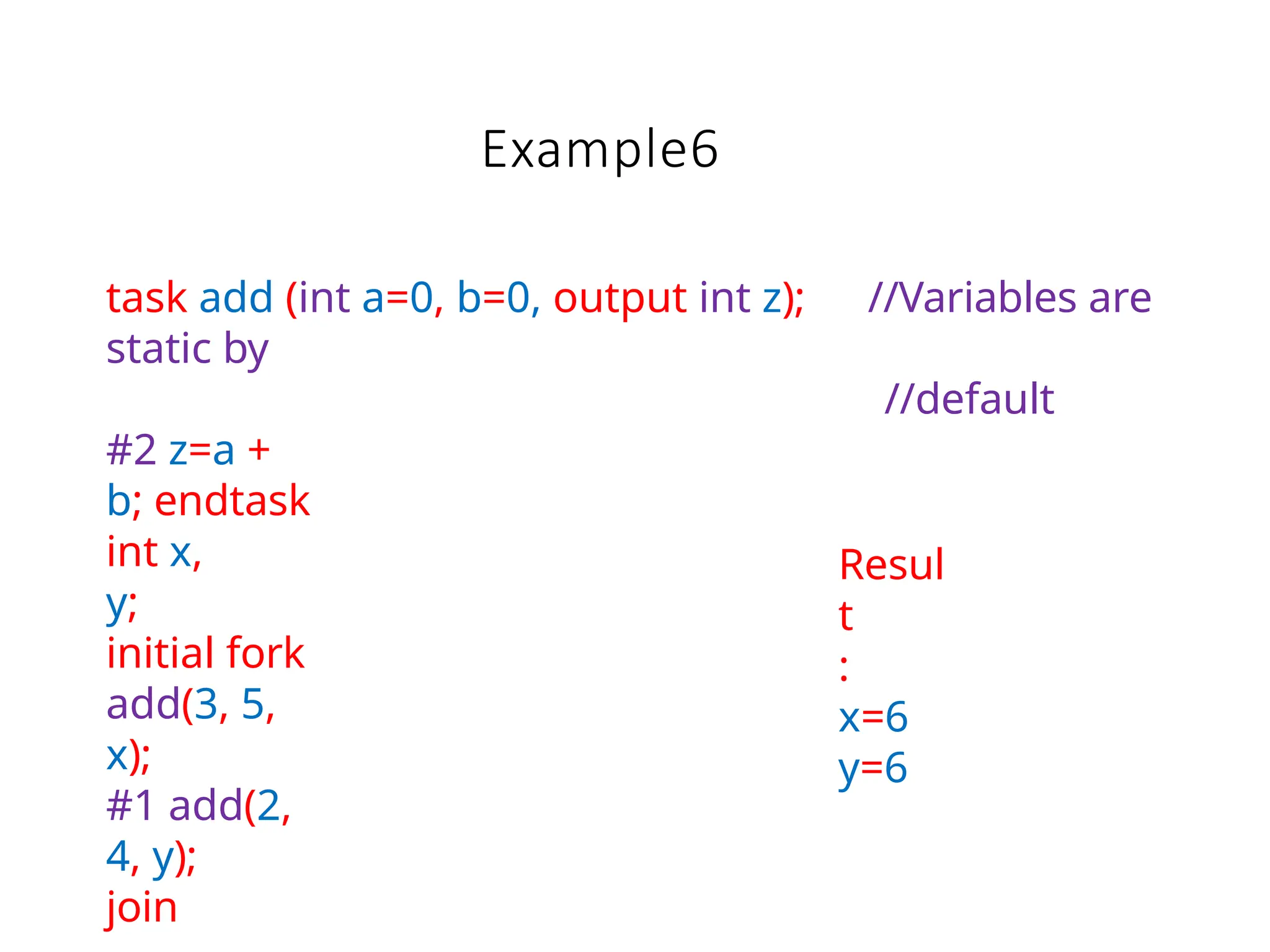 Example6
task add (int a=0, b=0, output int z); //Variables are
static by
//default
#2 z=a +
b; endtask
int x,
y;
initial fork
add(3, 5,
x);
#1 add(2,
4, y);
join
Resul
t
:
x=6
y=6
 