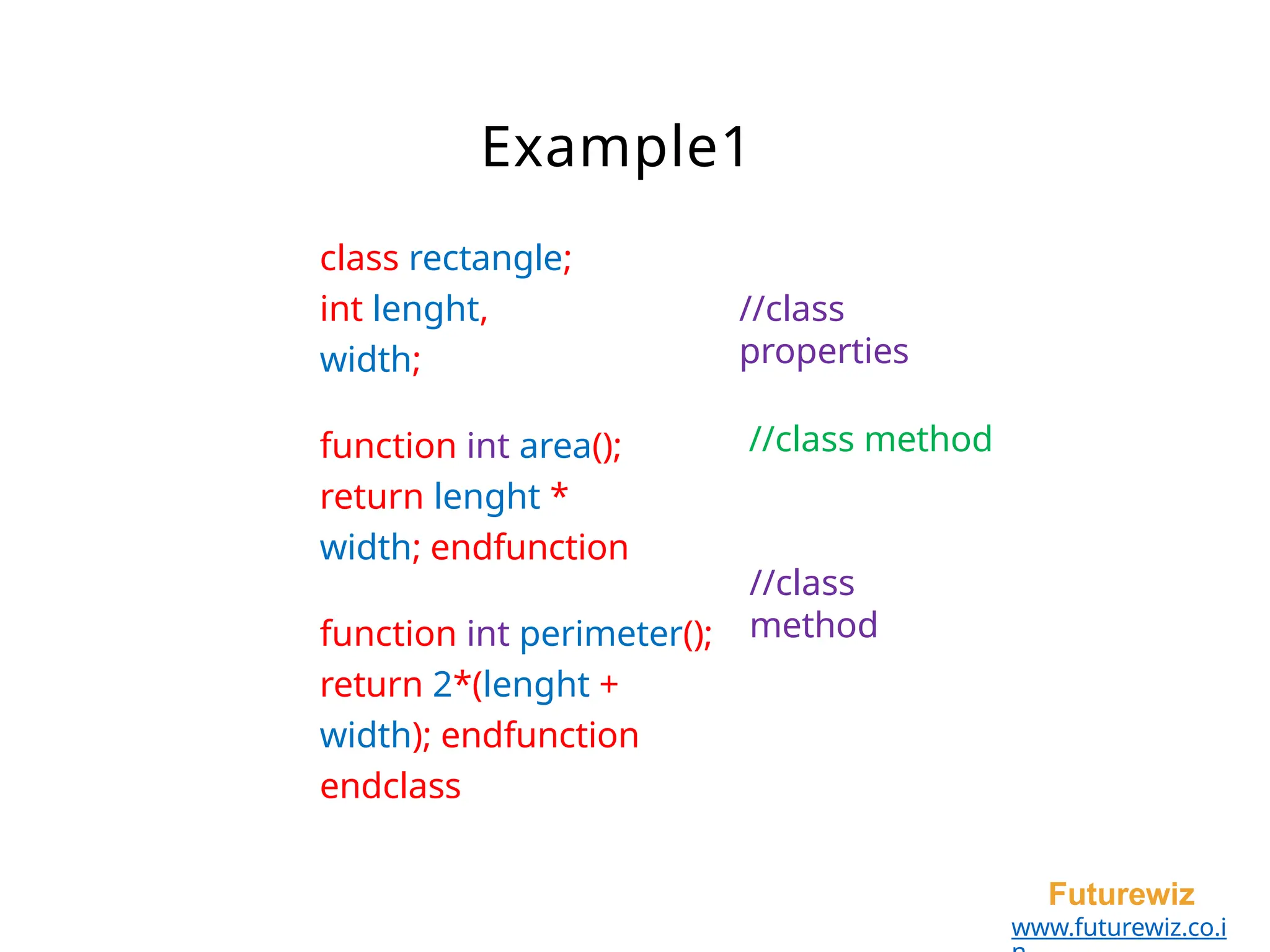 Example1
Futurewiz
www.futurewiz.co.i
class rectangle;
int lenght,
width;
function int area();
return lenght *
width; endfunction
function int perimeter();
return 2*(lenght +
width); endfunction
endclass
//class
properties
//class method
//class
method
 