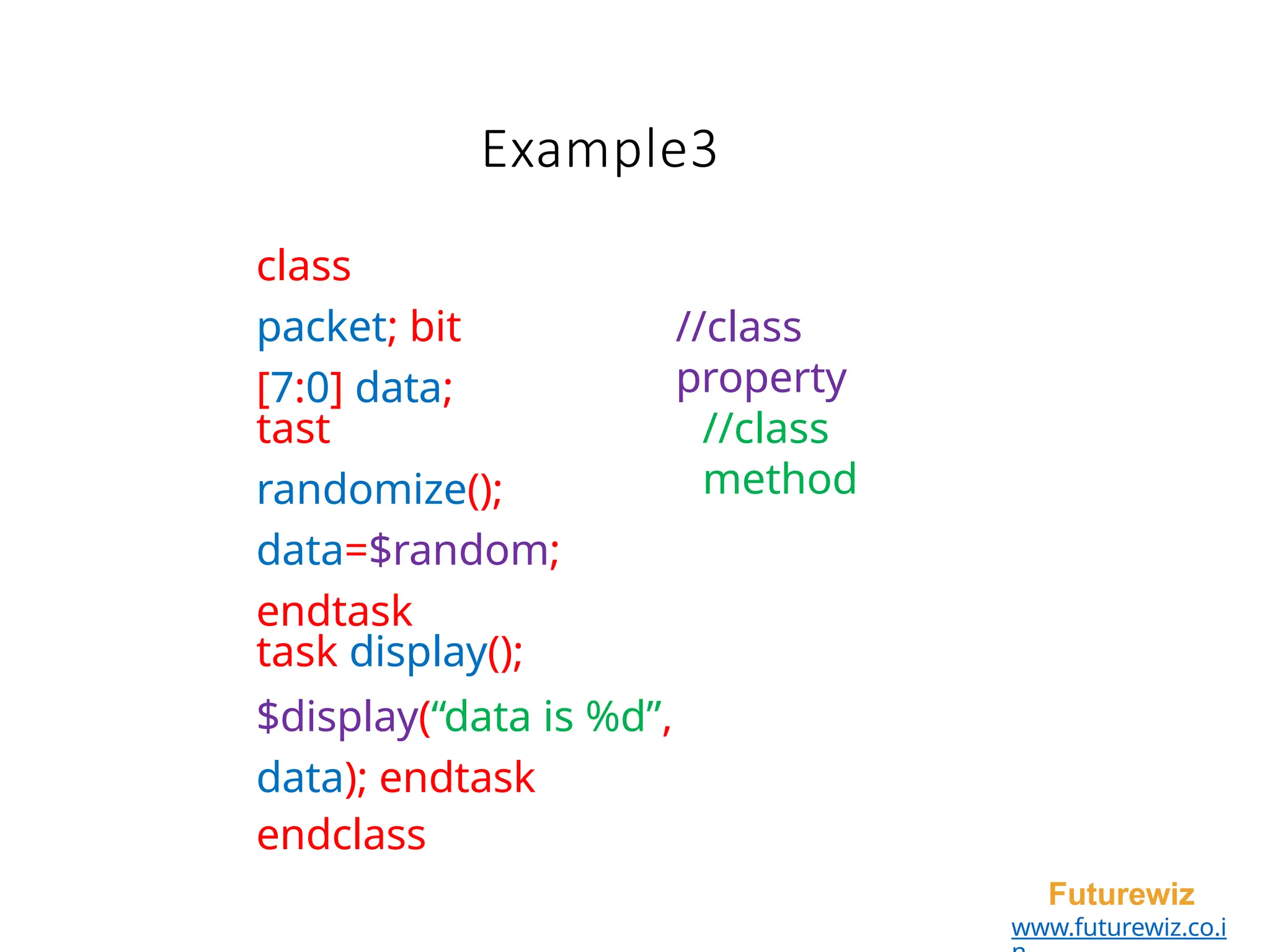 Example3
Futurewiz
www.futurewiz.co.i
class
packet; bit
[7:0] data;
//class
property
tast
randomize();
data=$random;
endtask
//class
method
task display();
$display(“data is %d”,
data); endtask
endclass
 