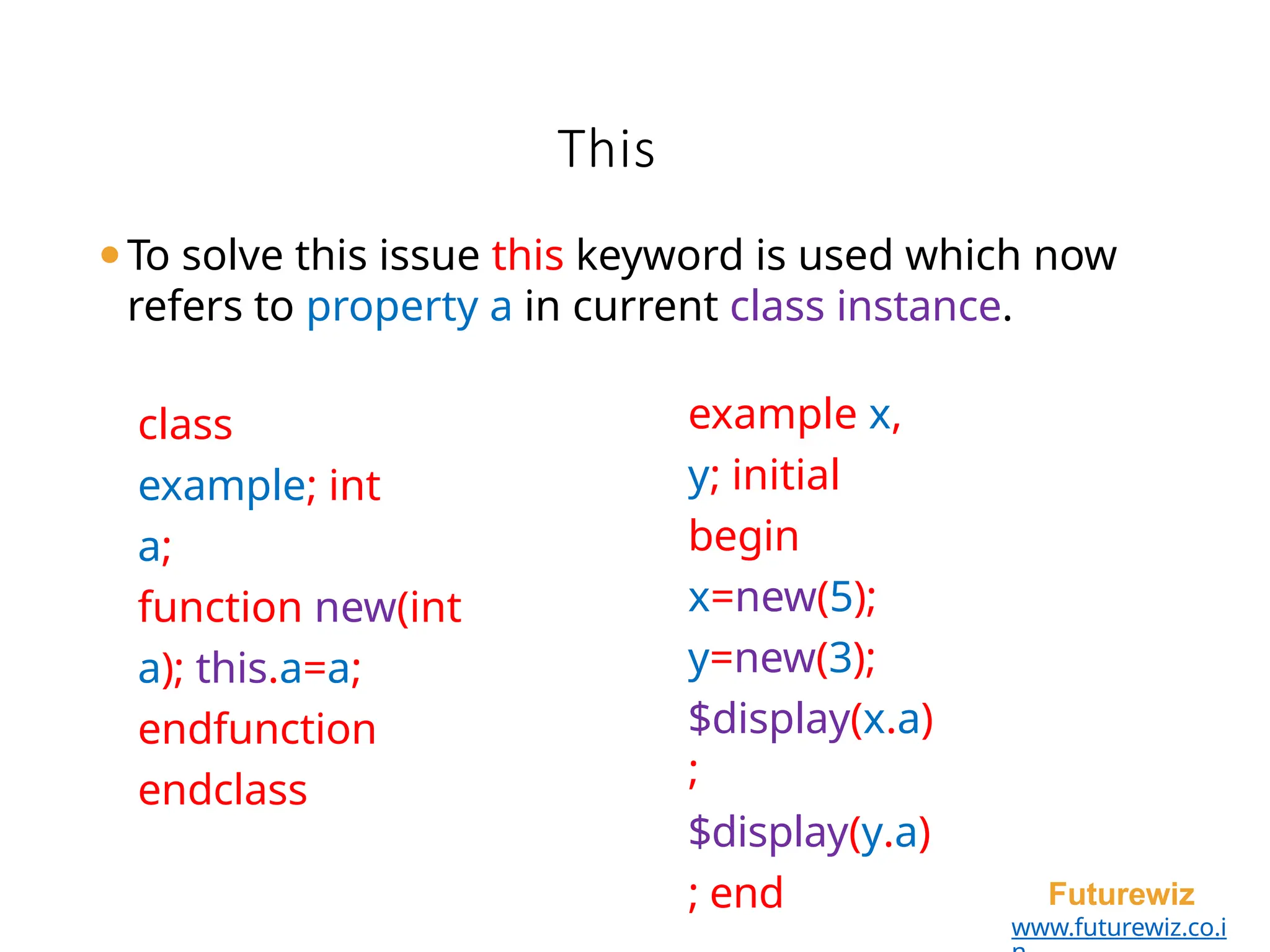 This
Futurewiz
www.futurewiz.co.i
class
example; int
a;
function new(int
a); this.a=a;
endfunction
endclass
⚫To solve this issue this keyword is used which now
refers to property a in current class instance.
example x,
y; initial
begin
x=new(5);
y=new(3);
$display(x.a)
;
$display(y.a)
; end
 