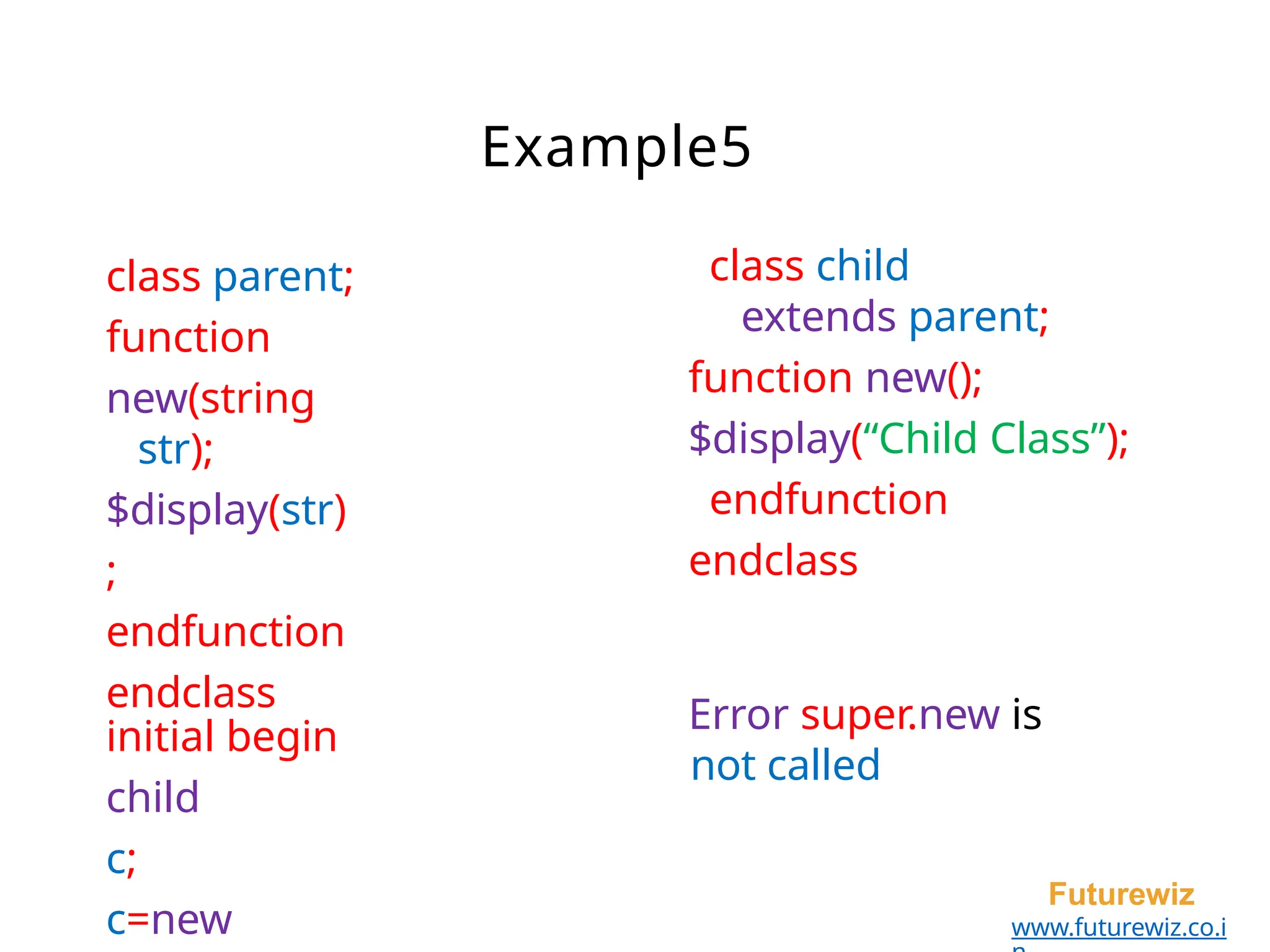 Example5
Futurewiz
www.futurewiz.co.i
class parent;
function
new(string
str);
$display(str)
;
endfunction
endclass
initial begin
child
c;
c=new
class child
extends parent;
function new();
$display(“Child Class”);
endfunction
endclass
Error super.new is
not called
 