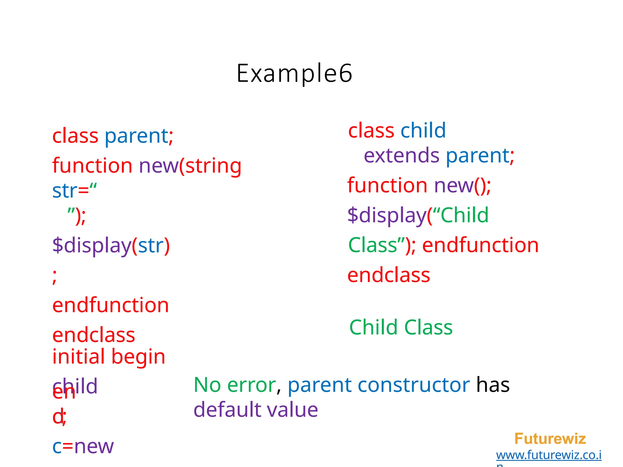 Example6
Futurewiz
www.futurewiz.co.i
class parent;
function new(string
str=“
”);
$display(str)
;
endfunction
endclass
initial begin
child
c;
c=new
class child
extends parent;
function new();
$display(“Child
Class”); endfunction
endclass
en
d
Child Class
No error, parent constructor has
default value
 