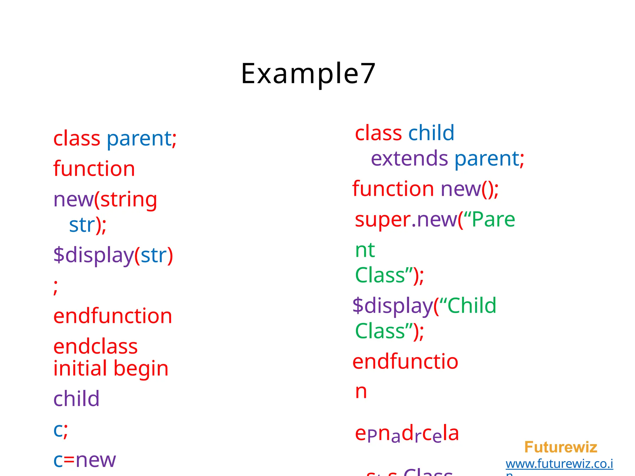Example7
Futurewiz
www.futurewiz.co.i
class parent;
function
new(string
str);
$display(str)
;
endfunction
endclass
initial begin
child
c;
c=new
class child
extends parent;
function new();
super.new(“Pare
nt
Class”);
$display(“Child
Class”);
endfunctio
n
ePnadrcela
 