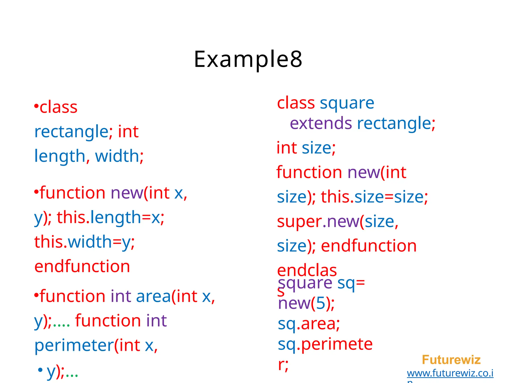 Example8
•class
rectangle; int
length, width;
•function new(int x,
y); this.length=x;
this.width=y;
endfunction
•function int area(int x,
y);.... function int
perimeter(int x,
• y);...
Futurewiz
www.futurewiz.co.i
class square
extends rectangle;
int size;
function new(int
size); this.size=size;
super.new(size,
size); endfunction
endclas
s
square sq=
new(5);
sq.area;
sq.perimete
r;
 