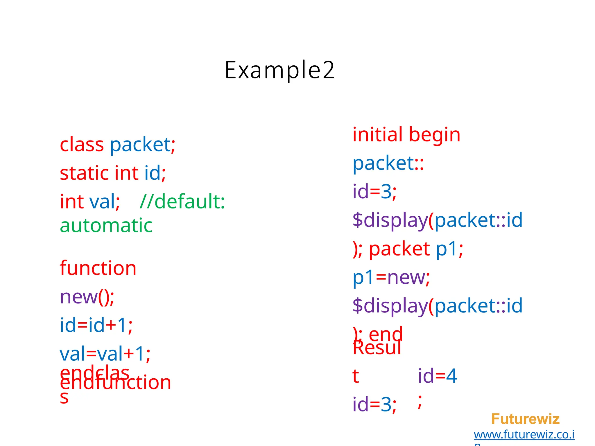 Example2
Futurewiz
www.futurewiz.co.i
class packet;
static int id;
int val; //default:
automatic
function
new();
id=id+1;
val=val+1;
endfunction
endclas
s
initial begin
packet::
id=3;
$display(packet::id
); packet p1;
p1=new;
$display(packet::id
); end
Resul
t
id=3;
id=4
;
 