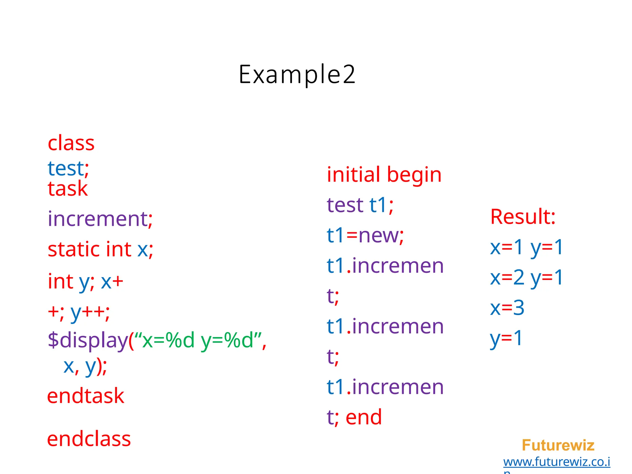 Example2
Futurewiz
www.futurewiz.co.i
class
test;
task
increment;
static int x;
int y; x+
+; y++;
$display(“x=%d y=%d”,
x, y);
endtask
endclass
initial begin
test t1;
t1=new;
t1.incremen
t;
t1.incremen
t;
t1.incremen
t; end
Result:
x=1 y=1
x=2 y=1
x=3
y=1
 